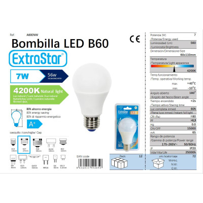 BOMBILLA BOLA LED 7W E27 SP 4200K LUZ NATURAL CJ72 [A60ENW]