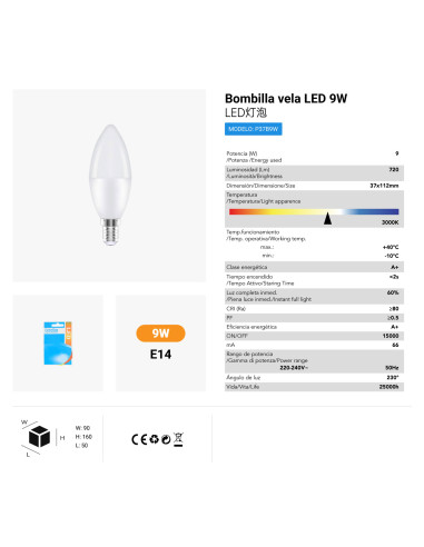 BOMBILLA LED VELA 9W/E14 3000K LUZ CALIDA CJ120...