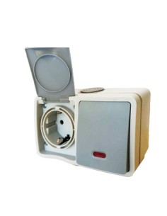 INTERRUPTOR EXTERIOR IP54 DE 1 VIA CON LUZ Y ENCHUFE SCHUKO TIPO F CON OBTURADOR DE SEGURIDAD CON TAPA EXTERNA [6H2A112GM]