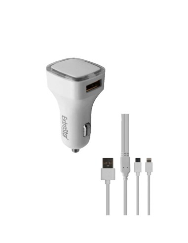 CARGADOR COCHE 2 USB 5V2.1A C/CABLE 2&1 BLANCO...